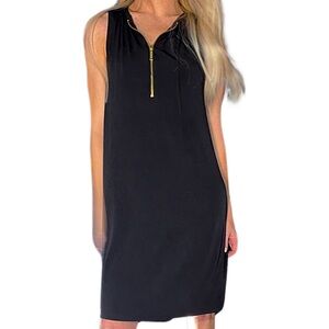 MICHAEL KORS Black Shift Midi Dress w/ Gold Zipper Neckline